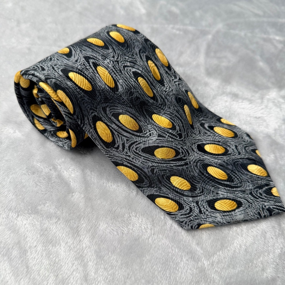 Matrix by Format Mens Silk Tie Gray Gold Abstract Geometric Swirl Pattern